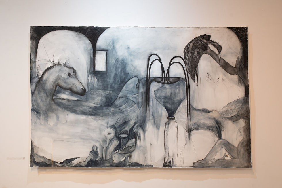 Gili Diana Shechterspring ,charcoal ,indigo powder ,2026 ,"The Baptism of the Stork" water on cotton paper. Photo credit: Daniel Hanoch