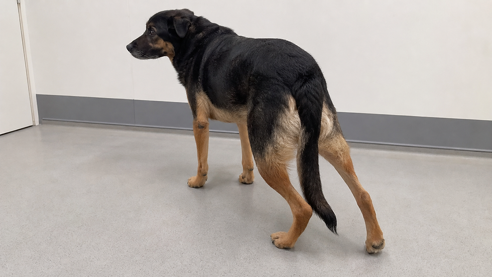 Cão em vista traseira com fraqueza assimétrica dos membros pélvicos por mielopatia aguda