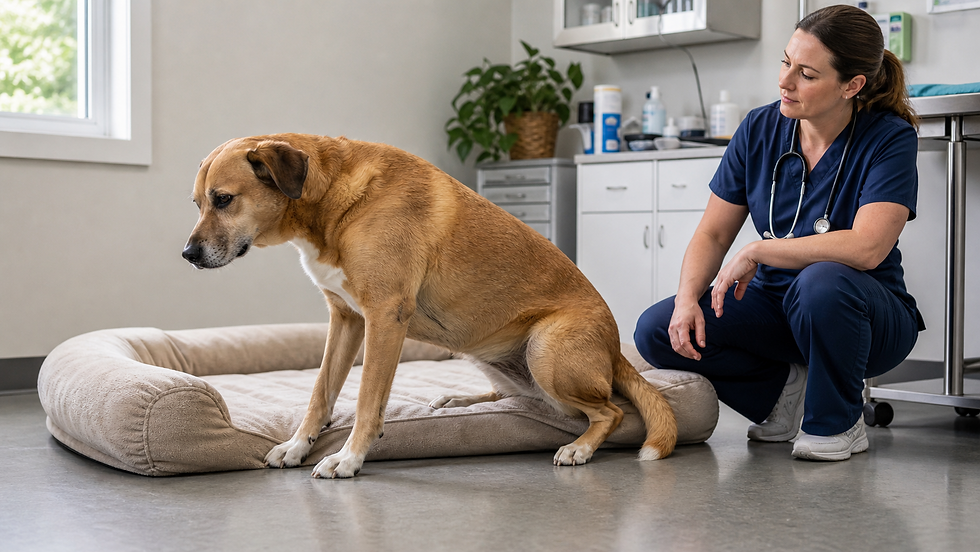 Cão transferindo o peso para levantar de uma cama enquanto profissional veterinária observa postura e mobilidade