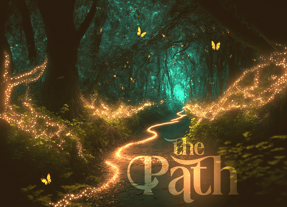 Enchanted forest path with glowing lights and butterflies. The word "the Path" appears. Ethereal and magical atmosphere.