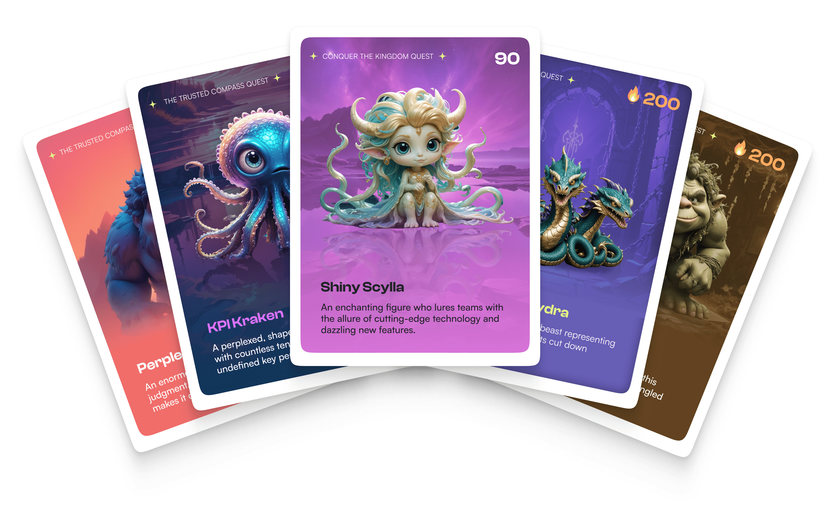 A deck of 5 cards fanned out with mythical beasts on each representing challenges faced by product organisations