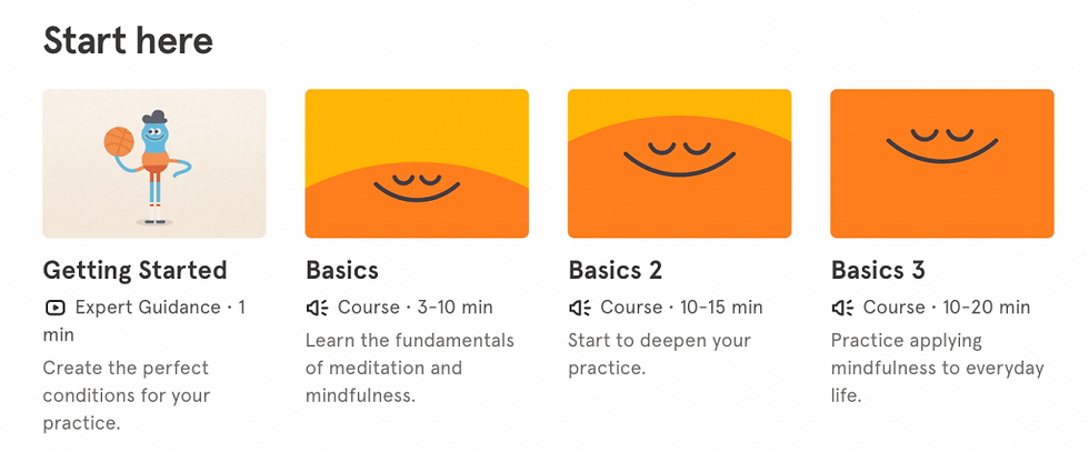 "Start here" section with guided courses: Getting Started, Basics, Basics 2, Basics 3. Orange smiley visuals, expert guidance text.