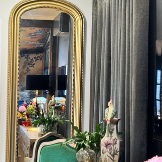 Mirror in living room reflecting back wallpapered kitchen : Brinnie T Design - Interiors Phillip Island