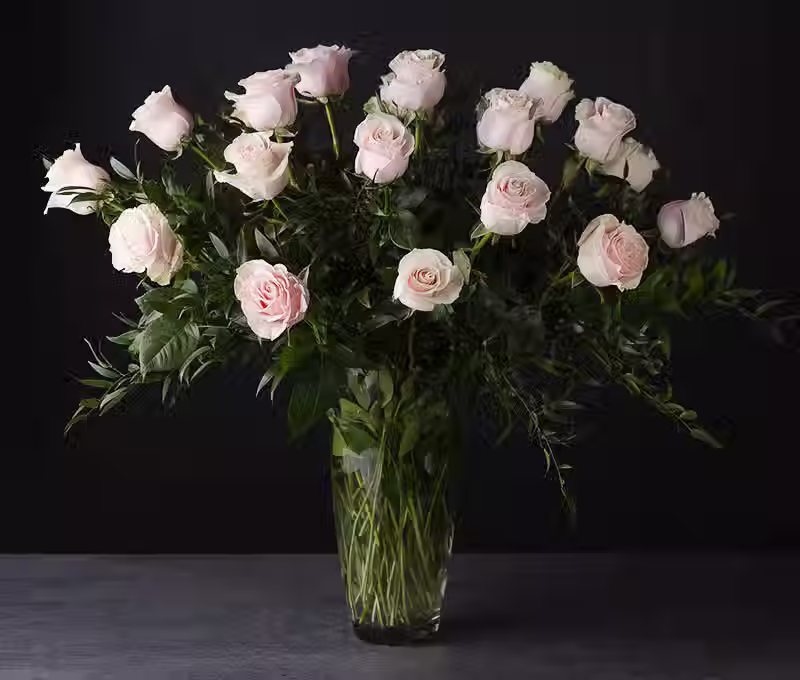 25 long stemmed pink roses and greenery on a vase