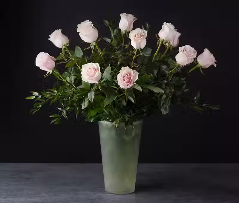 Dozen long stemmed pink roses with greenery on a vase