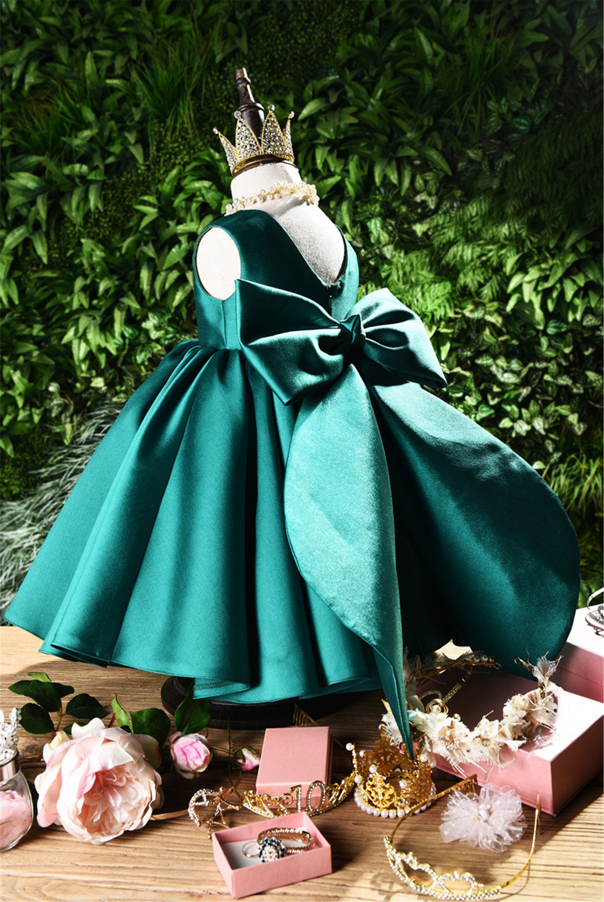 Emerald Green Satin Dress Flower Girl Dress Satin Dress Baby Girls Dresses Todd