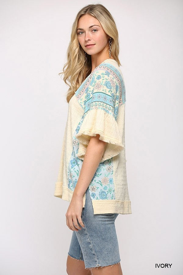 Thumbnail: Texture Knit And Print Mixed Hi Low Hem Top