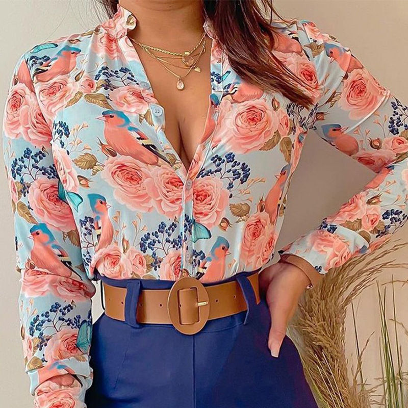 Thumbnail: 2021 New Ladies Long-sleeved Printing Stand-up Collar Temperament Shirt Blouse 