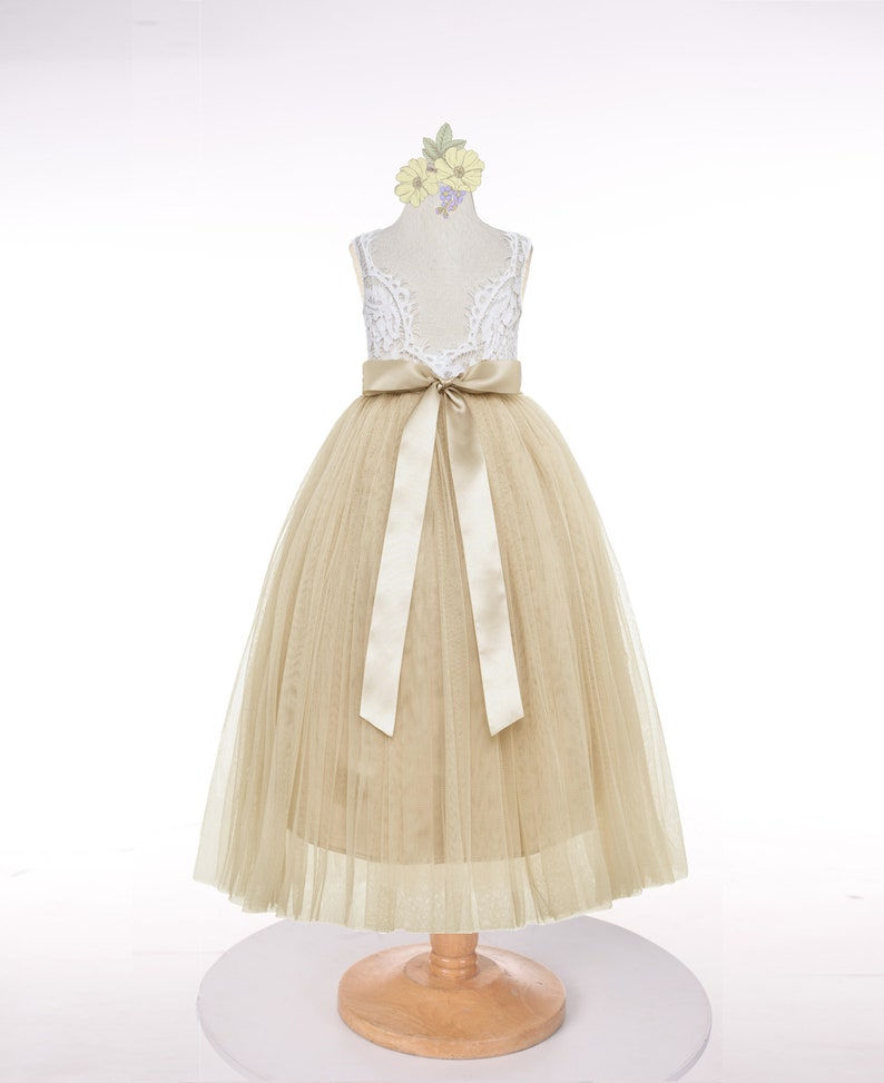 Thumbnail: Backless Lace Flower Girl Dresses Tulle Rustic Flower Girl Dress Baptism Dress 