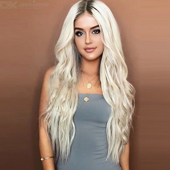Long Wavy Synthetic Lace Wig Platinum Heat Resistant Fiber Hair Wigs For Women