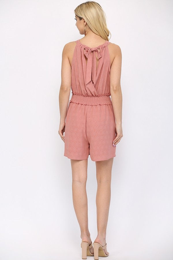 Thumbnail: Textured Woven And Smocking Waist Romper With Back Open And Tie