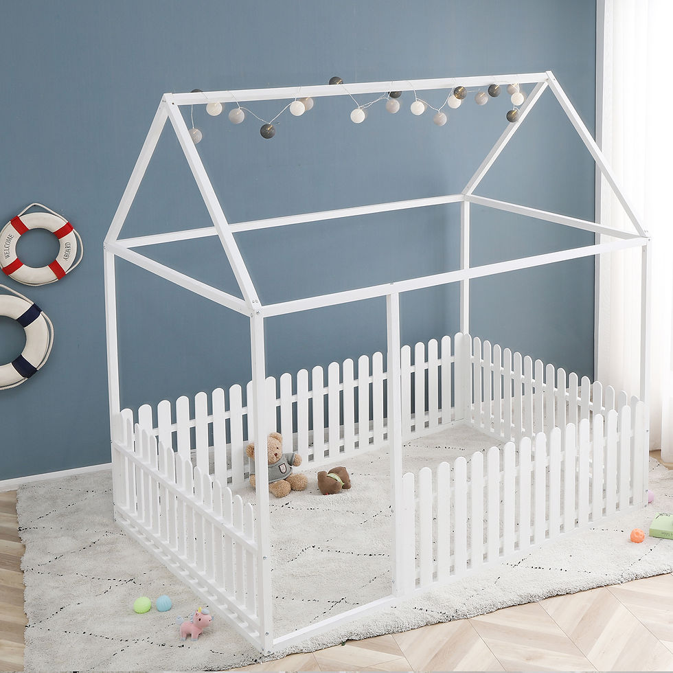 Thumbnail: Givenusmyf Full Size Double Floor Bed Frame Kids Room Bed with Roof and Fence Wo
