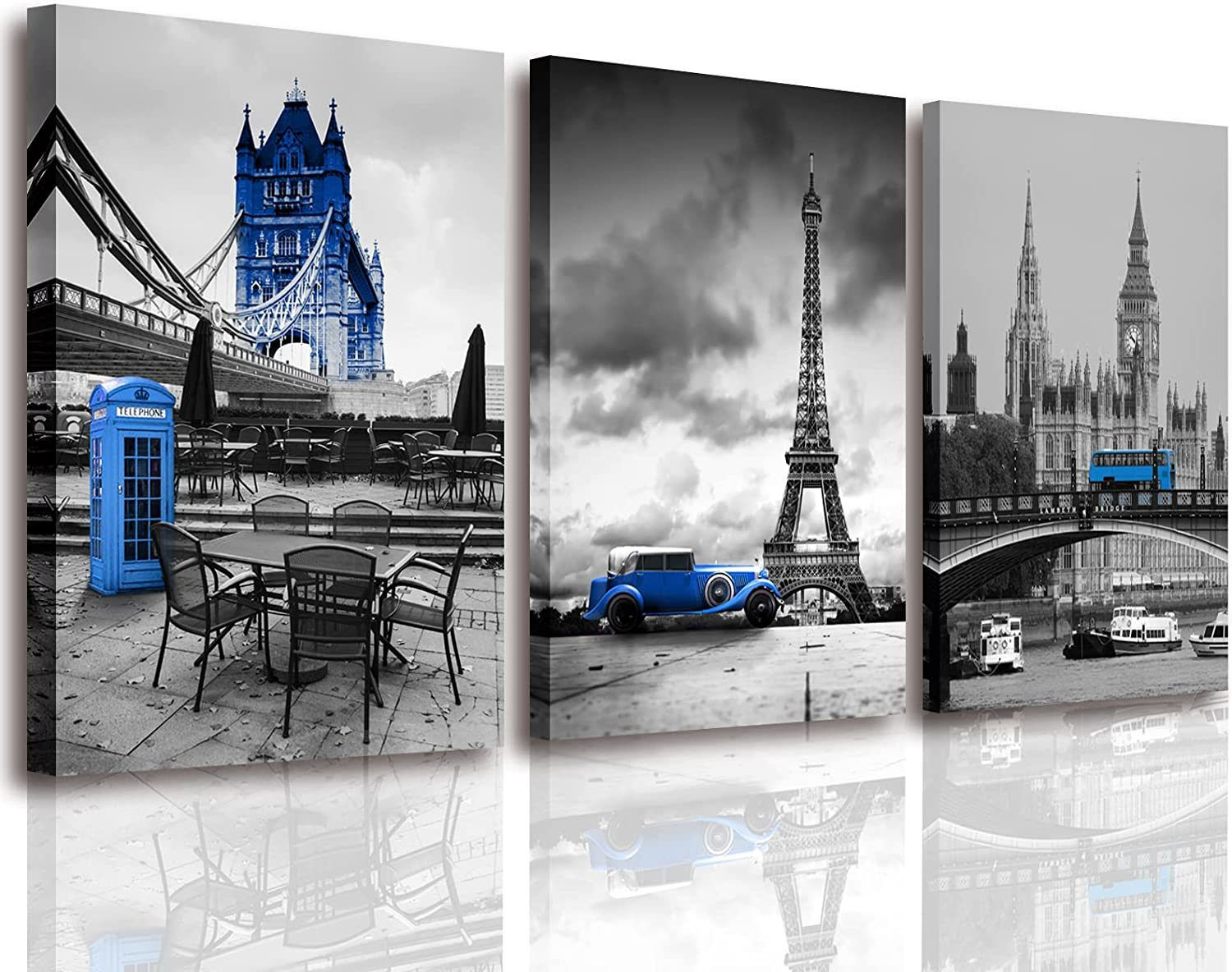 3 Panels London Blue Bus Canvas Wall Art Paris Eiffel Tower Cityscape Picture Ca