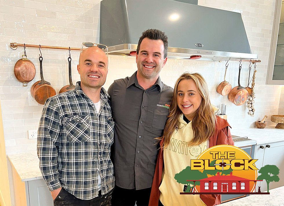 Joel Thompson with contestants Tom and Sarah-Jane on the Block TV show private tour