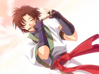 A cheerful young man with tousled brown hair plays a wooden flute with a peaceful smile, standing against a soft, glowing sky. He wears a white robe with blue and green accents, tied with a red sash.
