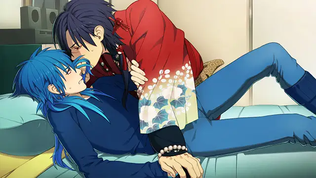 Romantic scene from DRAMAtical Murder featuring Aoba lying on a bed with Koujaku leaning over him. Koujaku, dressed in a red kimono with floral patterns, gazes intensely into Aoba’s eyes while holding his shoulder. Aoba looks up at him in surprise, creating a moment filled with tension, closeness, and unspoken feelings.