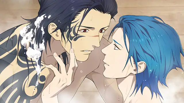 Steamy moment from DRAMAtical Murder re:connect featuring Koujaku and Aoba in a bathhouse. Both are shirtless and surrounded by steam, with Koujaku gently touching Aoba’s chin as they gaze into each other’s eyes. Koujaku’s detailed tattoos are visible across his back and arm, adding to the sensual tension of the scene.