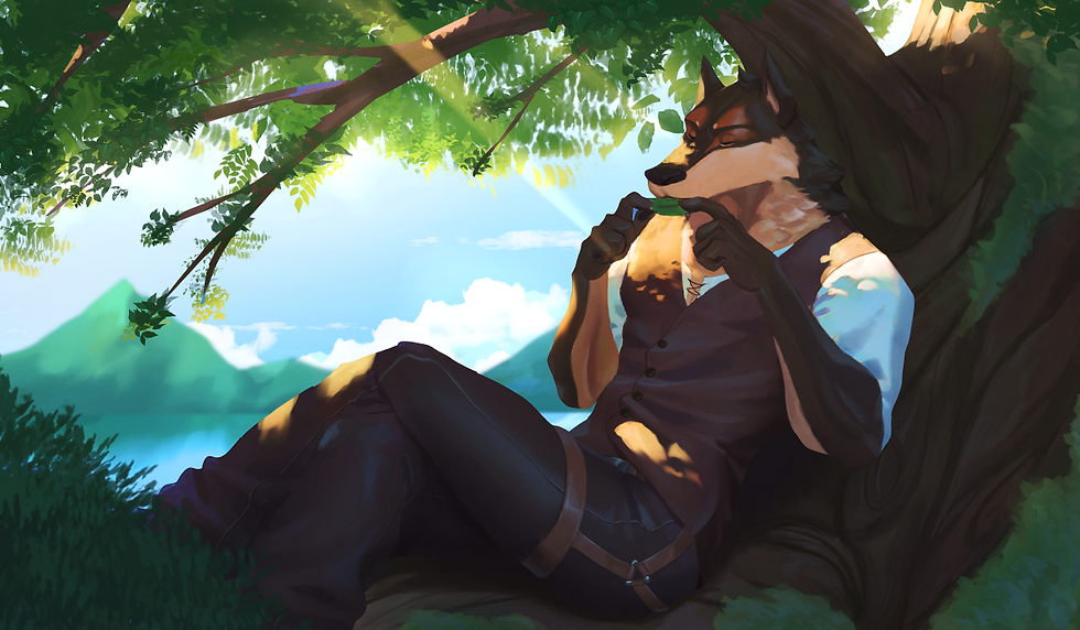 Bara Furry Game: 'To Whom I Loved' captures a reflective moment with a solitary character enjoying the tranquility of nature, playing the harmonica under the shade of a tree, overlooking a peaceful lake and mountains, suggesting a story rich with Bara and furry culture.