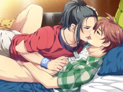  This intimate scene from NO, THANK YOU!!! captures a tender and passionate moment between two characters. One character leans over the other, their lips meeting in a soft kiss, with hands gently resting on each other. The casual setting, with its warm lighting and comfortable bed, emphasizes a sense of closeness and vulnerability. The scene highlights the emotional and physical connections that are central to the game’s exploration of relationships.