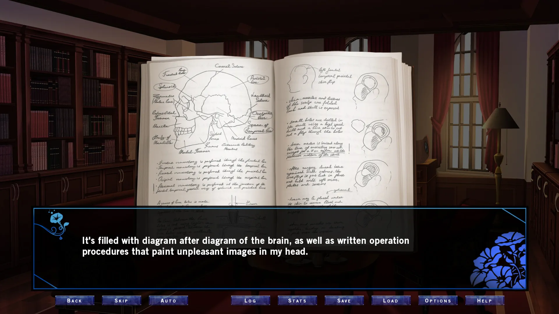 Screenshot from The Glass Coffin showing an open notebook filled with anatomical brain diagrams and handwritten notes. The narration box describes unsettling surgical procedures.
