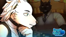 Two anthropomorphic wolf characters from the furry gay visual novel Wayfinder share a quiet moment in a warmly lit setting, with one looking thoughtful and the other smiling gently, representing the game’s emotional storytelling. The Boys Love Universe logo appears in the corner.