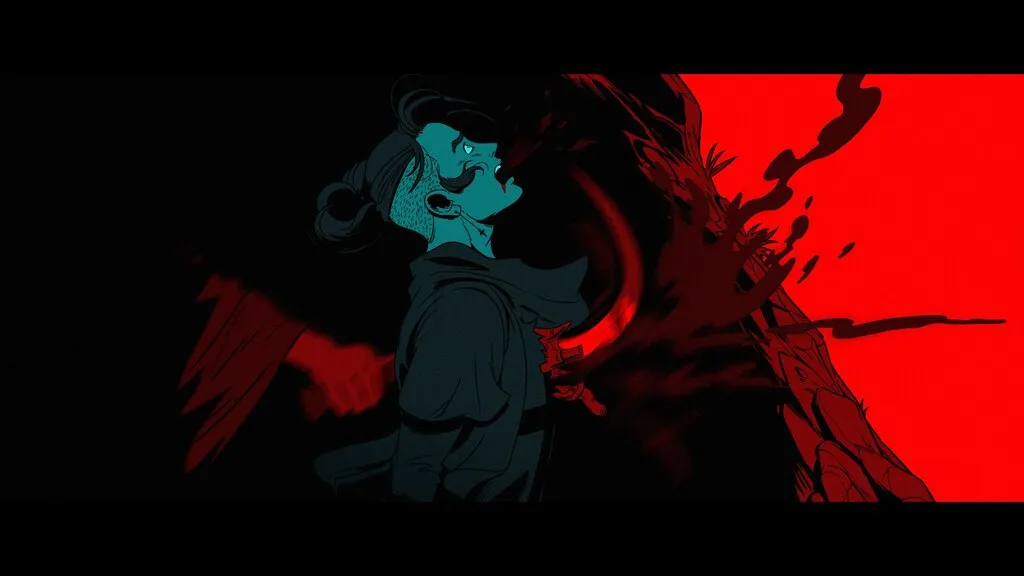 Scene from Let’s Meat Adam 2 showing a character screaming as a monstrous red figure looms over them, splattering blood dramatically against a black and red background.