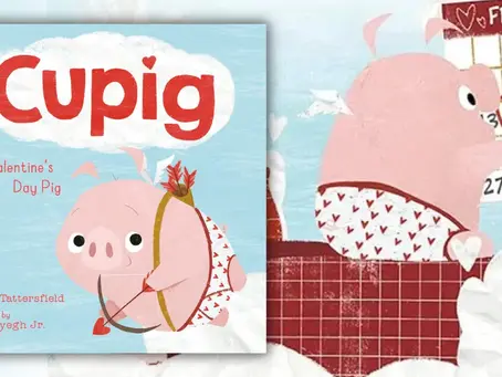 Cover image of Cupig: The Valentine’s Day Pig showing a pink pig dressed as Cupid with arrows, alongside a Valentine-themed illustration featuring a February calendar and heart details.