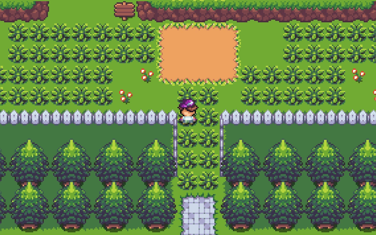 A pixel art village scene from a classic RPG game. The character stands in the center of a small town square with cobblestone paths, orange-roofed houses, and mailboxes. Two NPCs, one with pink hair and one with orange hair, are positioned nearby.