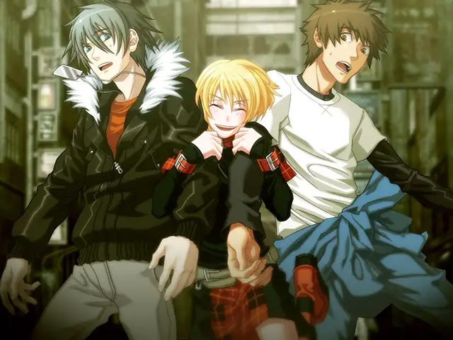 Lighthearted scene from Togainu no Chi showing Akira, Rin, and Keisuke walking together through a gritty urban setting. Rin smiles brightly in the center, linking arms with both men, while Akira and Keisuke appear caught off guard. Their outfits contrast, highlighting each of their personalities, with Akira in a black jacket, Rin in playful red and black, and Keisuke in a casual white tee and blue sweatshirt tied around his waist.          Ask ChatGPT