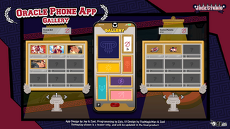 A screenshot from Jock Studio's Oracle Phone App Gallery, showcasing a collectible interface. The in-game phone displays a gallery with slots for various collectibles, some filled with images and others locked or empty. The design features a clean layout with Greek-inspired motifs and a maroon and gold theme. A note at the bottom credits app design and mentions the gameplay is a teaser subject to updates.