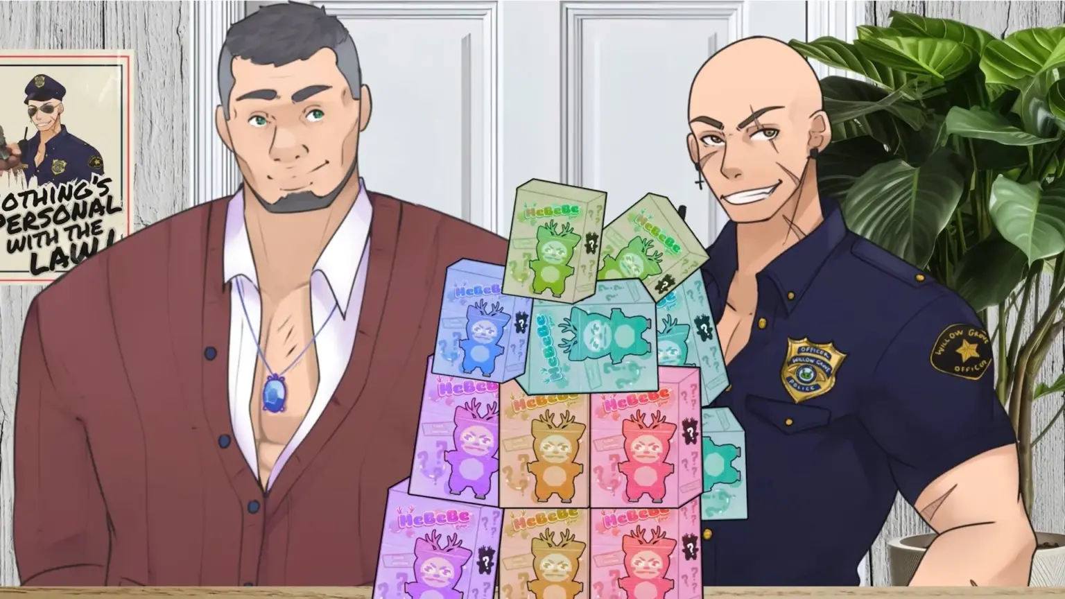 Two illustrated men stand behind a wooden table stacked high with colorful “MeBeBe” mystery boxes. The man on the left wears a maroon cardigan over an open white shirt with a blue pendant, smiling calmly. The man on the right is bald, grinning confidently in a dark police-style shirt with a badge on the chest. The pastel boxes show cute antlered characters in different colors, arranged in a slightly wobbly tower between them, with a leafy houseplant and framed wall art in the background. Characters depicted are Beverly and Greg.