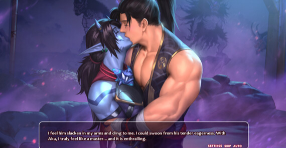 Romantic visual novel scene of a muscular samurai embracing and kissing a blue-skinned oni with long dark hair and red markings. The oni clings tightly to him, eyes closed, while the samurai holds him firmly with one arm. They are in a misty hot spring at night, glowing purple light adding to the intimate atmosphere. A text box at the bottom contains narration about surrendering to the oni’s tenderness.