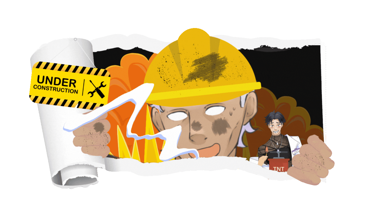 "I Married a Monster on a Hill" characters Reginald and Nate in a construction site. Reginald is wearing a yellow hard hat while Nate is about the might a TNT fuse.