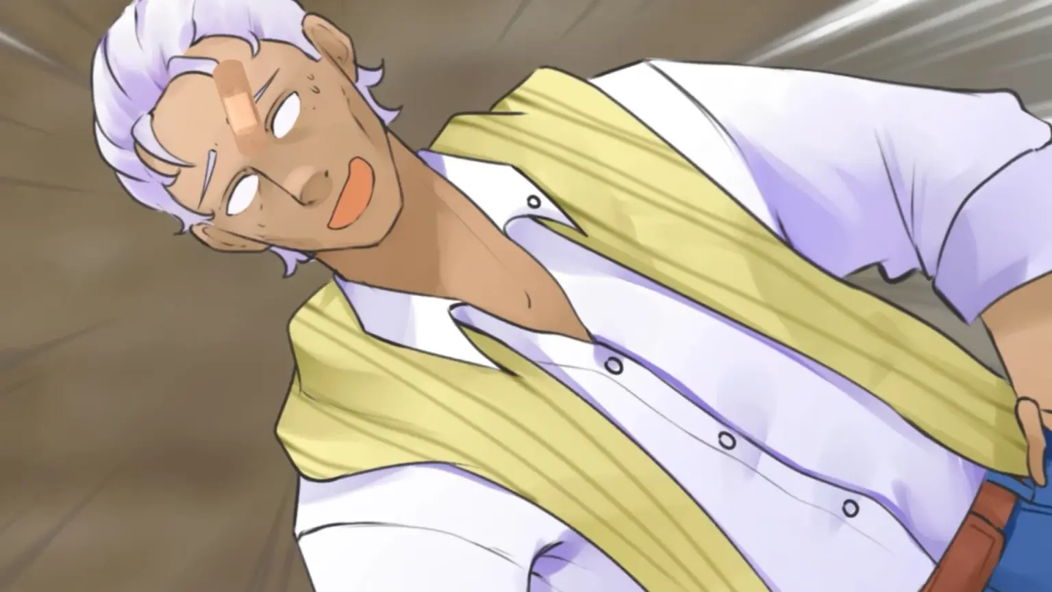 A close-up illustration of a light-skinned character with short, pale lavender hair leaning toward the viewer at a tilted angle. They wear a white button-up shirt with a soft yellow sweater draped loosely over their shoulders. Their eyes are wide and unfocused, and their mouth is slightly open, giving them a surprised or dazed expression. The background is blurred with motion lines, emphasizing disorientation or sudden movement. Character depicted is Reginald.