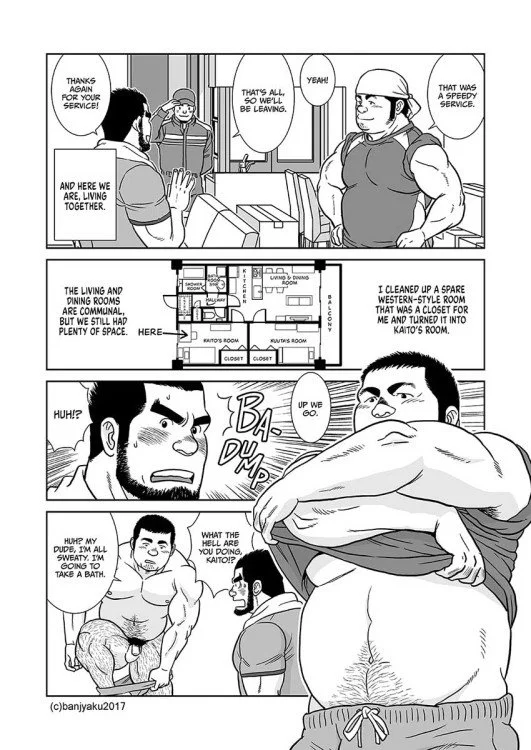 Skies and Seas manga panel with one buff man taking off his shirt while the other man blushes and reacts.