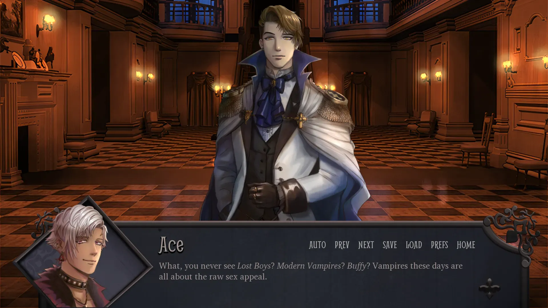 Scene from DUFE: Masquerade visual novel showing characters Ace and Keldran speaking in a grand hall lit with chandeliers. Dialogue box reads, ‘Wait, you never saw Love Bites? Modern Vampires? Buffy? Vampires these days are all about the new wave appeal.