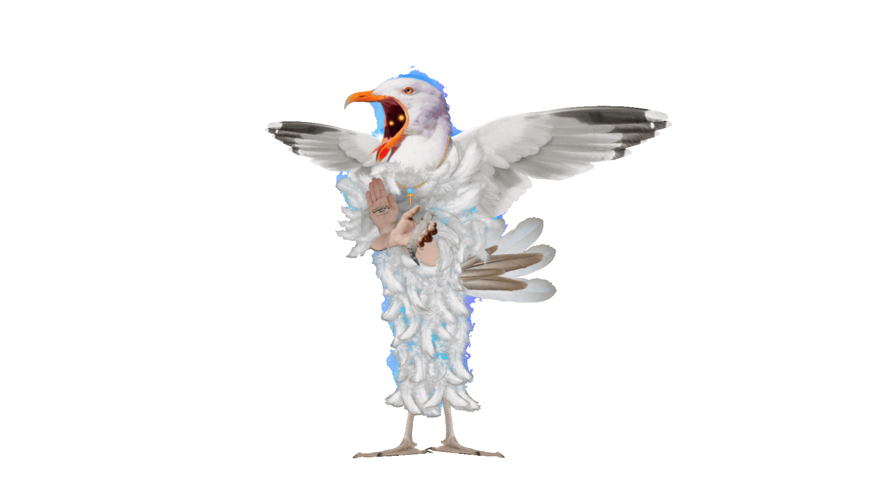 Character artwork from Boardwalk Dad Detox depicting a surreal anthropomorphic seagull. The figure has large outstretched wings, a wide open beak, and a feathered body with human hands clasped in prayer, one holding rosary beads. The seagull wears a gold cross necklace, blending birdlike features with religious imagery. The design reflects the film’s mix of absurd adult humor, psychedelic elements, and furry-friendly characters.