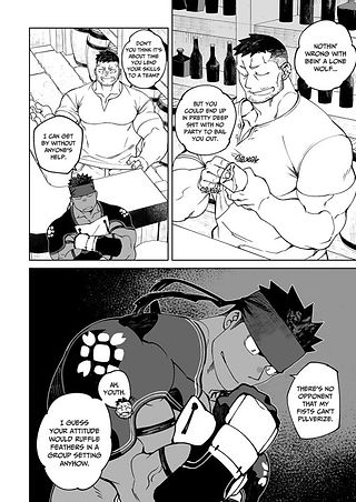  This is another black-and-white manga panel featuring "Martial Artist Brachy." The top panels show Brachy interacting with another character, likely in a tavern or bar setting, as bottles line the shelves in the background. The conversation seems to involve a discussion about quests or challenges, with Brachy appearing thoughtful and engaged.  In the bottom panel, Brachy is shown in a close-up view, holding a mug and looking down, suggesting a moment of reflection or seriousness. His signature outfit and headband are visible, with a patterned design on his shoulder. The scene conveys a mix of camaraderie and introspection in a fantasy-themed storyline.