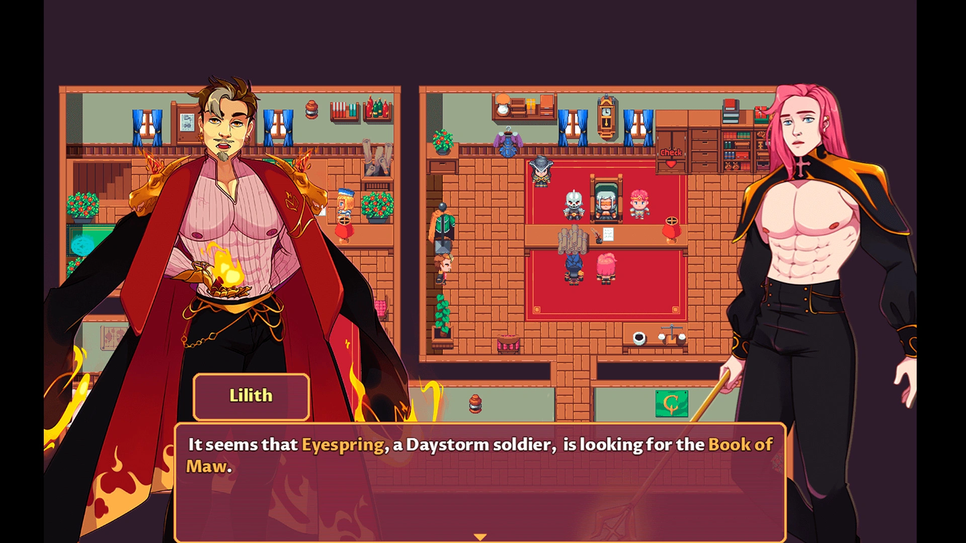 A dialogue scene from a fantasy RPG featuring two male characters. The one on the left has short brown hair, a red cloak, and glowing fire elements, while the one on the right has long pink hair and a black-and-gold outfit revealing a muscular chest. The background shows a top-down RPG room with other characters and furniture. The text box at the bottom displays dialogue from the character Lilith.