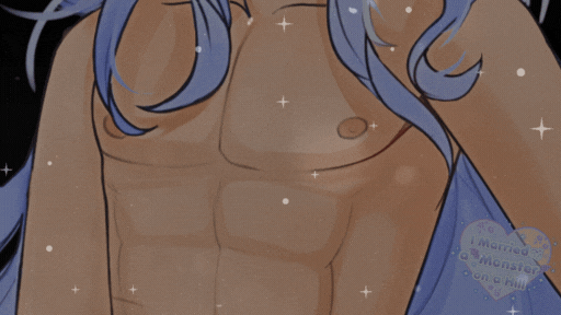 Sexy toned abs, flirty gay with white long hair anime style from "I Married a Monster on a Hill".