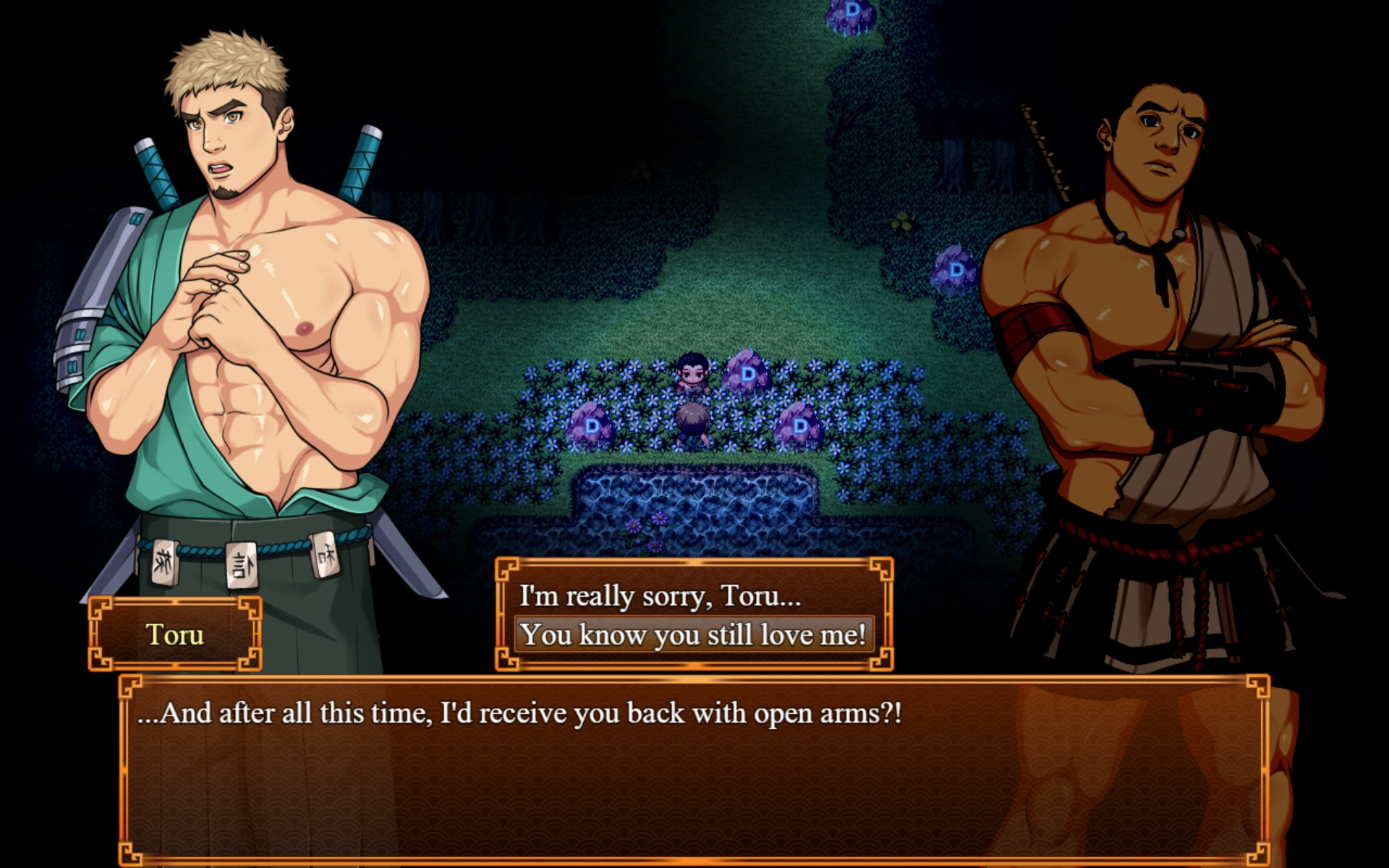 A dialogue scene in a forest setting from a bara RPG. Two shirtless male characters converse under moonlight; one named Toru, with blond hair and two swords, looks emotional, while the other warrior stands with folded arms. The dialogue includes romantic choices, indicating a relationship moment in the story.
