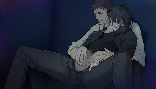 Quiet, intimate moment from Slow Damage featuring Towa resting against Taku, both seated on the floor in a dimly lit room. Towa leans back into Taku’s chest with his eyes closed, while Taku gently wraps his arms around him. The scene radiates a sense of emotional exhaustion and quiet comfort.