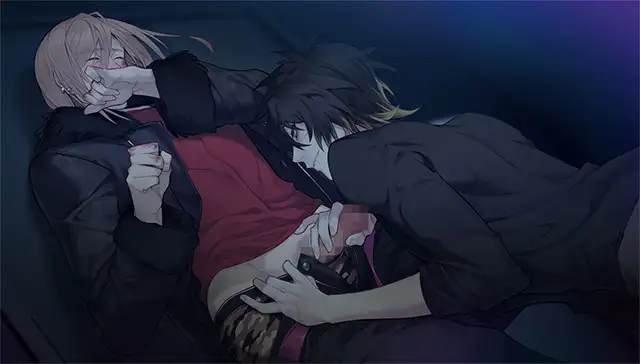 Intense and provocative scene from Slow Damage showing Towa gripping and biting into a man’s stomach while pinning him to the ground. The man reacts in a mix of shock and restrained emotion. The lighting is dim with a blue highlight, emphasizing the raw, visceral tension that defines much of the game's darker, desire-driven themes.