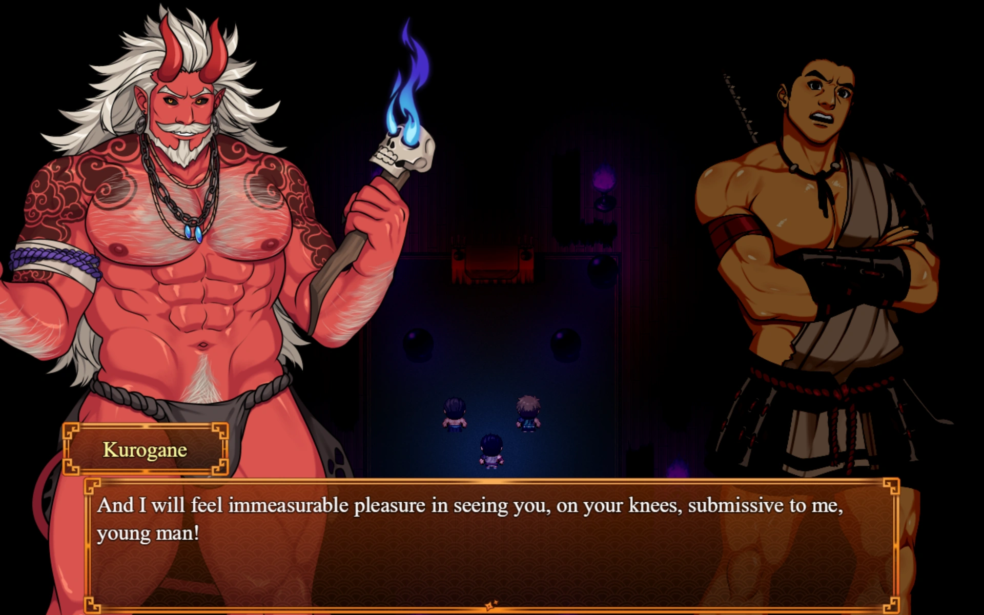 A fantasy RPG dialogue scene showing a muscular red-skinned demon named Kurogane holding a skull-topped staff with blue flames. He faces a shirtless warrior with a sword, who looks shocked. The background is dark, suggesting a mystical or dangerous setting.