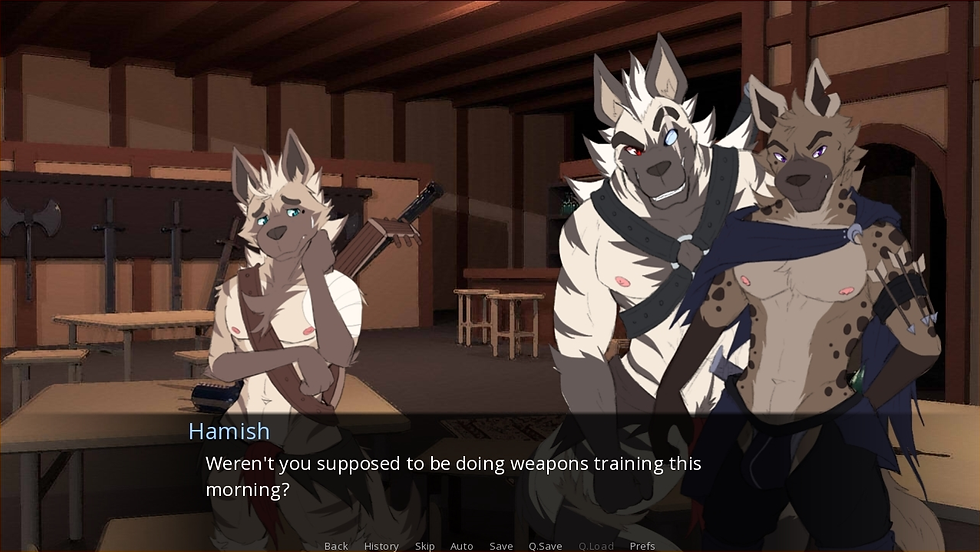 Bara Furry Game: 'Temptation's Ballad' where a scene unfolds in a weaponry-filled room with three anthropomorphic characters—a pondering wolf, a suave lynx, and a rugged hyena—implying a story of medieval intrigue, camaraderie, and Bara energy.
