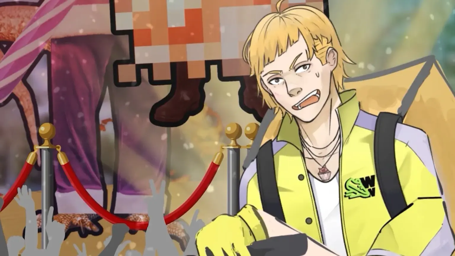 An animated blond character in a yellow jacket with a backpack leans forward with a tense, uneasy expression as a crowd reaches up behind red velvet ropes, with snow falling and a large pixelated figure looming in the background. Character depicted is Lucas.