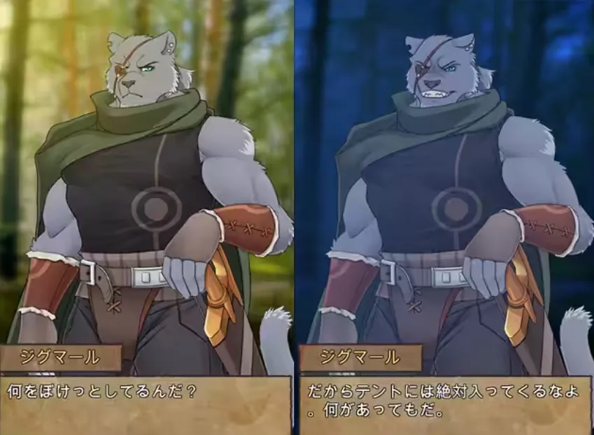 Furry bara visual novel screenshot featuring a muscular wolf character in armor and a cloak, shown in two lighting variations, one during daytime and one at night.