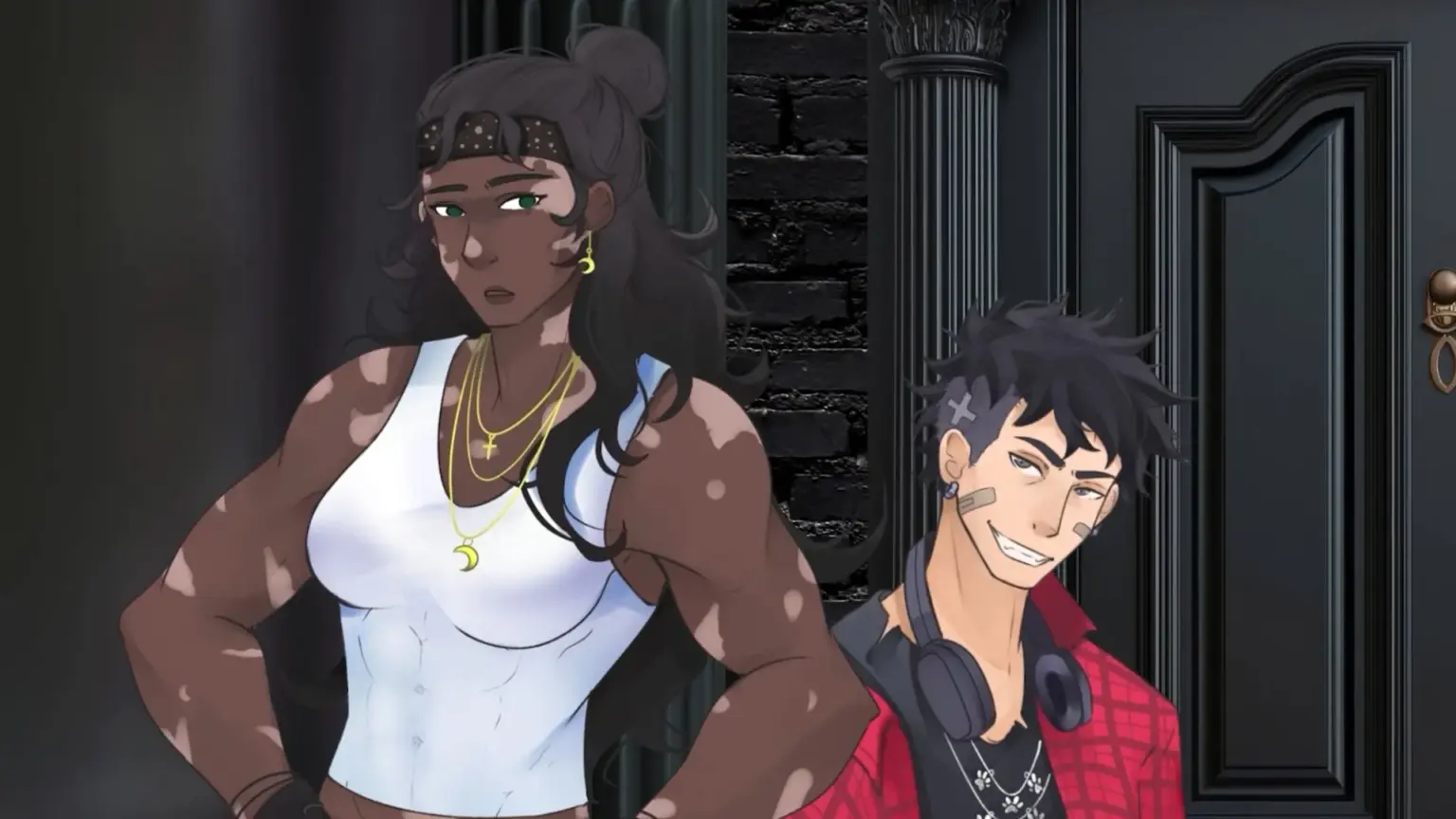 Two illustrated characters stand in a dark doorway scene. One is a tall, muscular woman with dark skin, long hair tied back, vitiligo patches, gold necklaces, and a white tank top, looking serious. Beside her is a smiling young man with short dark hair, facial bandages, headphones around his neck, and a red jacket, leaning casually against the doorway. Characters depicted are Opal and Oscar.