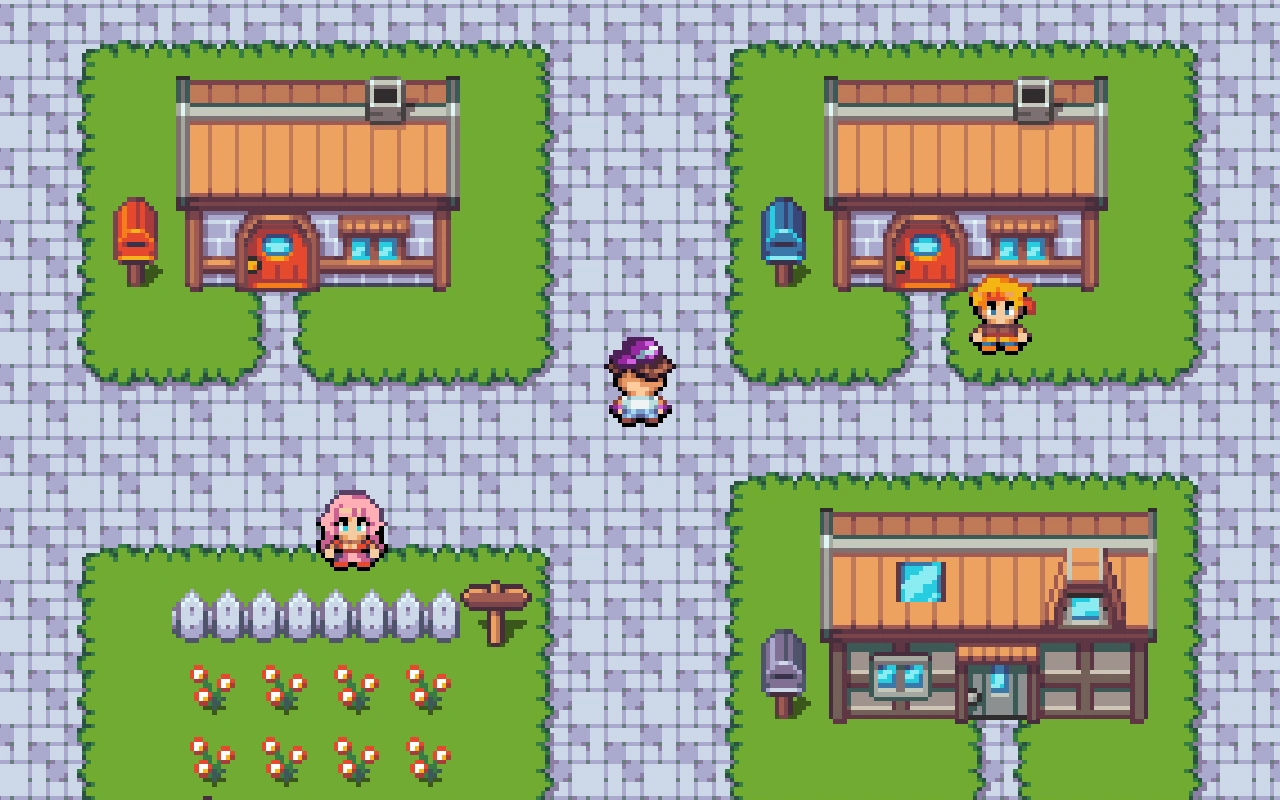 A pixel art outdoor scene from a retro-style RPG game. The player character stands near a white picket fence surrounded by bushes, trees, and flowers. A dirt patch and a sign are visible in the upper part of the scene, suggesting a farm or training area.