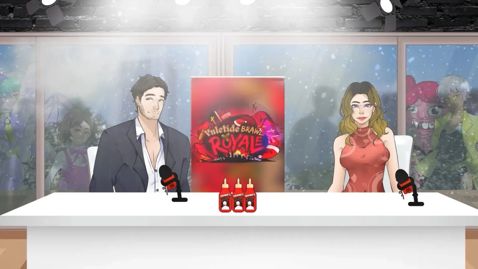 Animated news desk scene showing two hosts seated with microphones, a Yuletide Brawl Royale banner between them, hot sauce bottles on the table, and a snowy city backdrop outside the studio windows. Characters depicted are Gary and Kenzy.